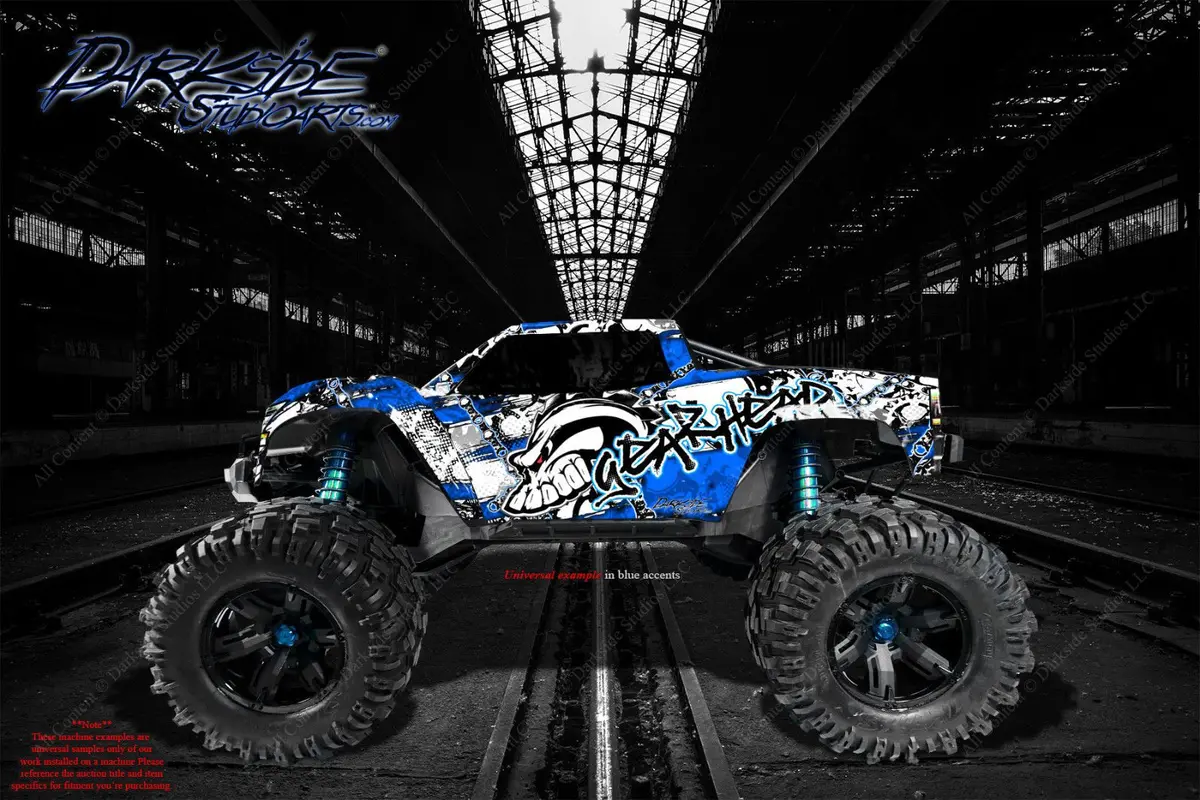 'Gear Head' Graphics Wrap Decals Blue Fits Oem Tra3911 Body Parts Traxxas E-Maxx 1