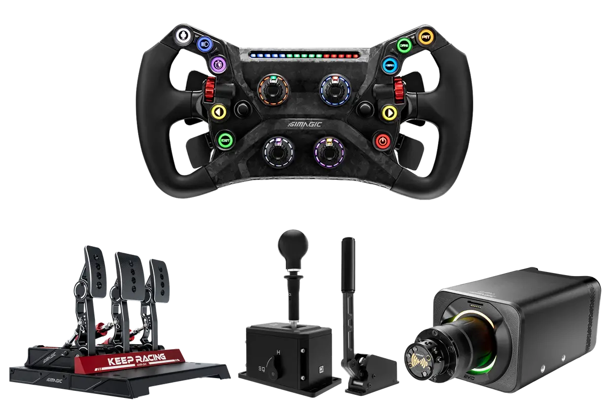 Simagic Alpha Evo Pro 18Nm Wheel Base, Gt Neo Steering Wheel, 3 Pedal Set, Dual-Mode Shifter & Handbrake 1