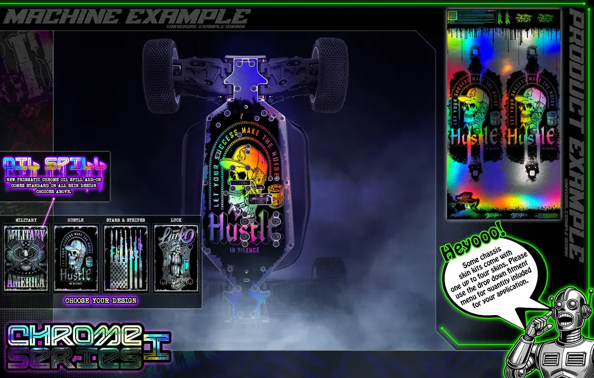 'Chrome Series I' Themed Chassis Skin Fits Team Corally Series | Asuga Xlr | Kagama & Xp | Sketer | Syncro-4 | Python | Radix | Dementor | Jambo | Kronos | Muraco | Punisher | Shogun 1