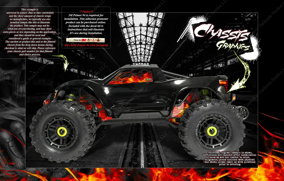 'Hell Ride' Skin Decal Hop Up Graphics Kit Fits Traxxas Maxx 4S -V1 Only- 1/10 Chassis / Shock Tower Printed Flames 1