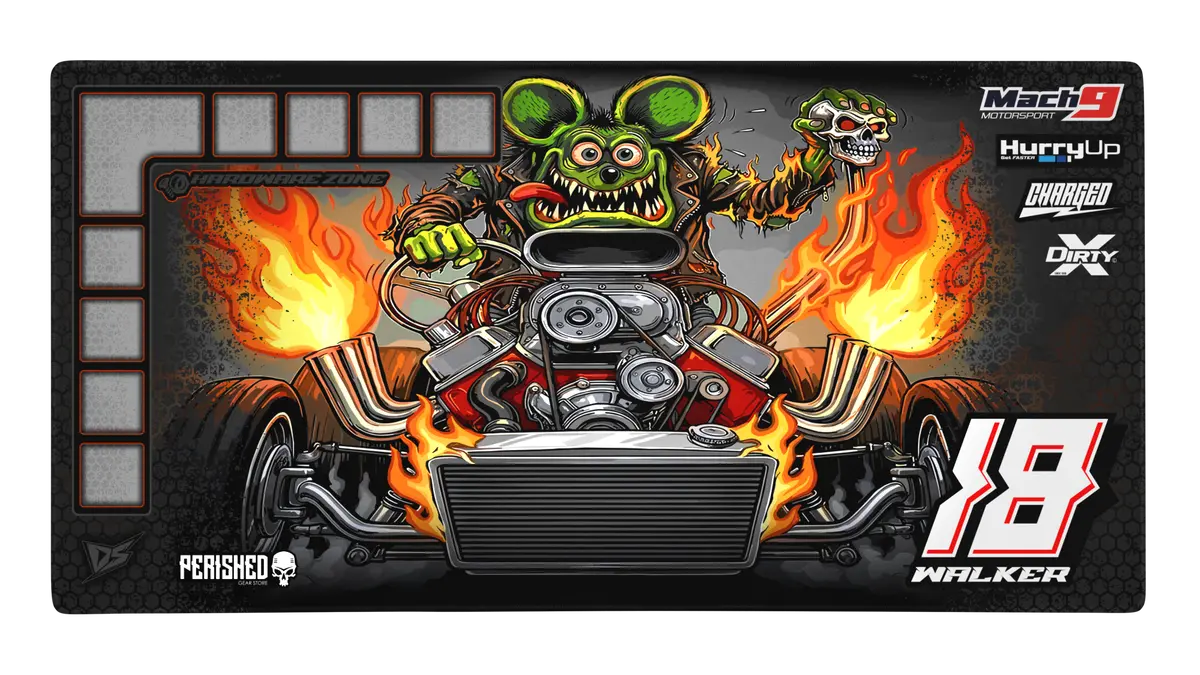 'Highway To Hell' Premium Rc Pit / Work Mat – Customizable, Rollable, Rubber Non-Slip Base, Polyester Top, Stitched Edges 1