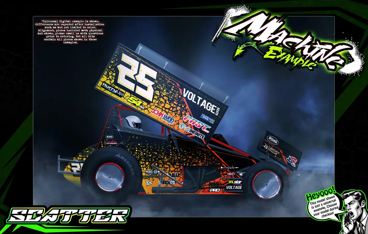 'Scatter' Customizable Graphics Wrap Kit For Custom Works Beast Midget, Eldora, Outlaw, Bullet Sprint 1