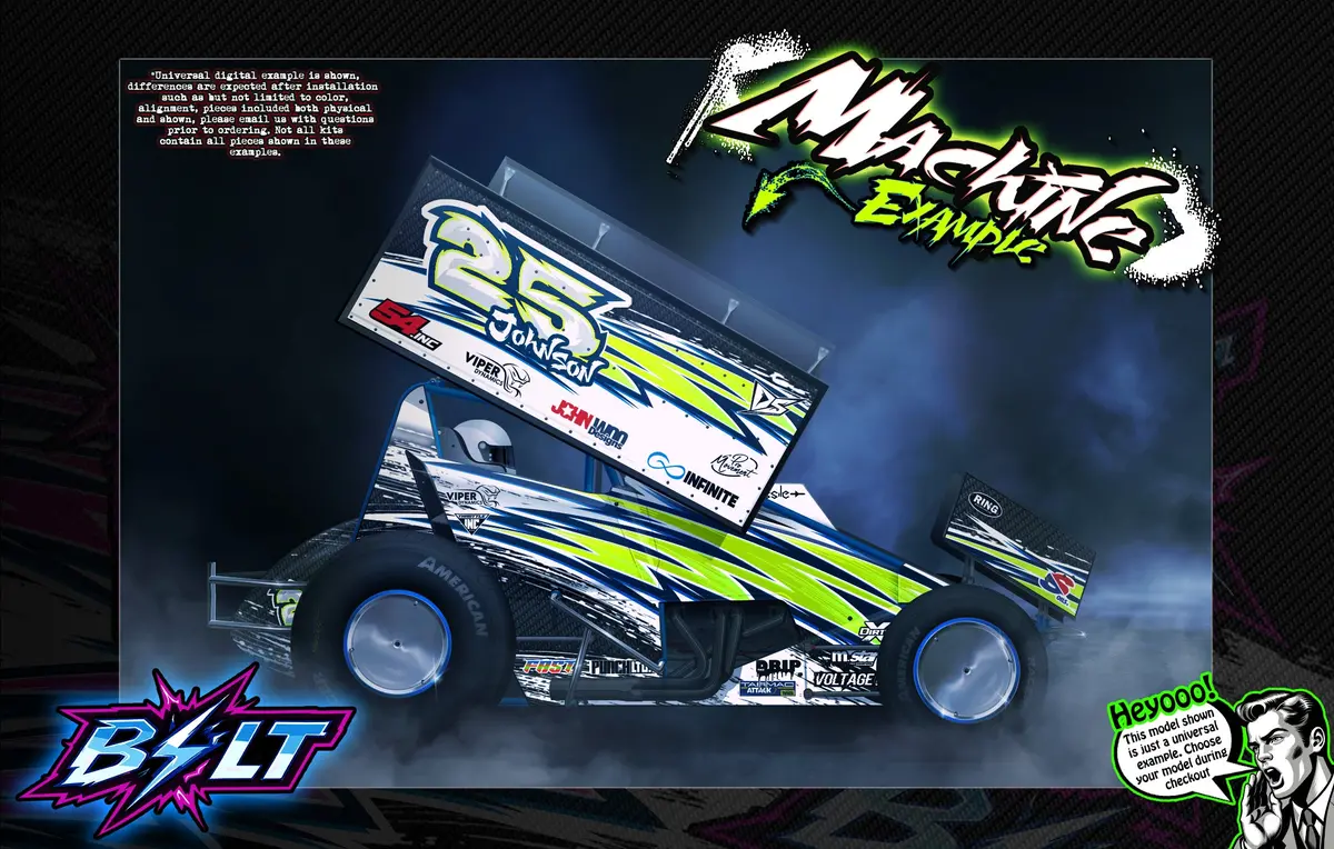 'Bolt' Themed Graphics Wrap Kit Fits Losi® 22S Sprint Car | Pro-Line Lightweight Body 1