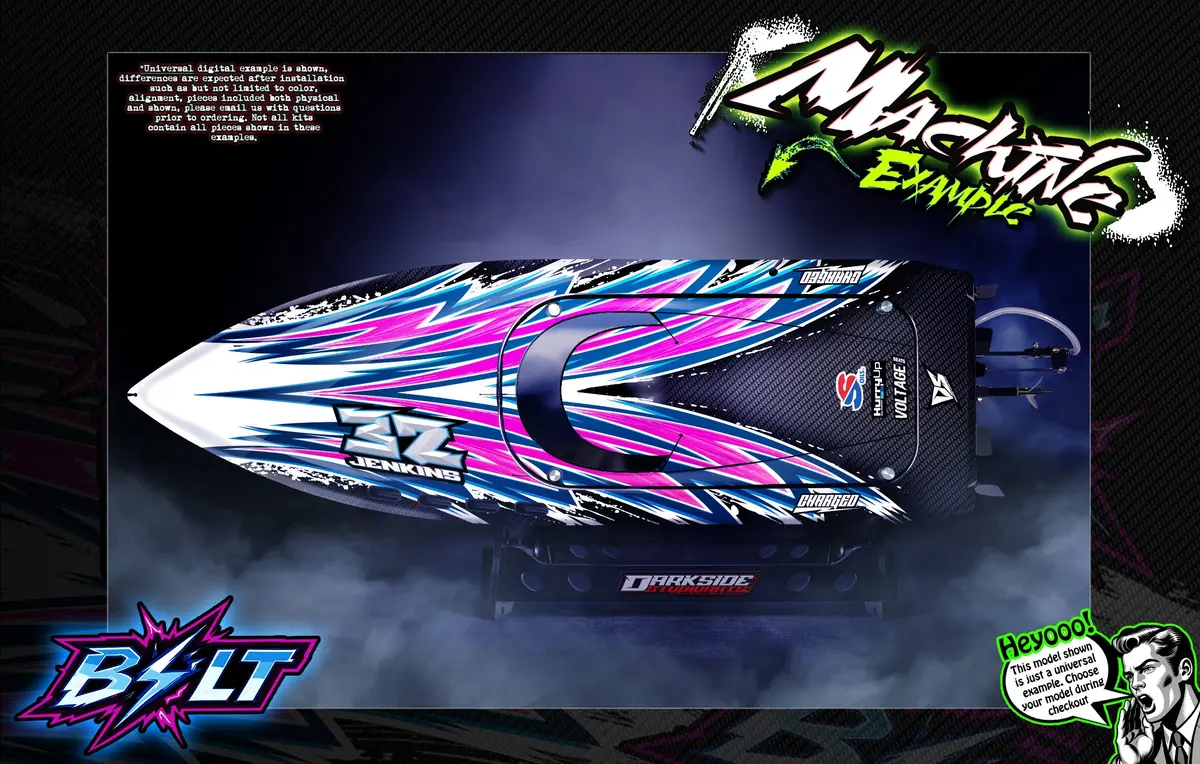 'Bolt' Themed Graphics Skin Kit Fits Pro Boat® | Blackjack | Impulse | Jetstream | React | Recoil | Shockwave | Sonicwake | Ul-19 | Veles | Zelos 1