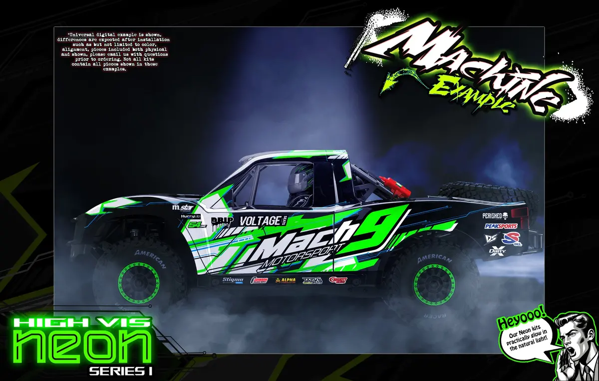'Neon Series I' Green Fluorescent Custom Aftermarket Wrap Fits Udr Traxxas Unlimited Desert Racer Oem Body & Cage 1