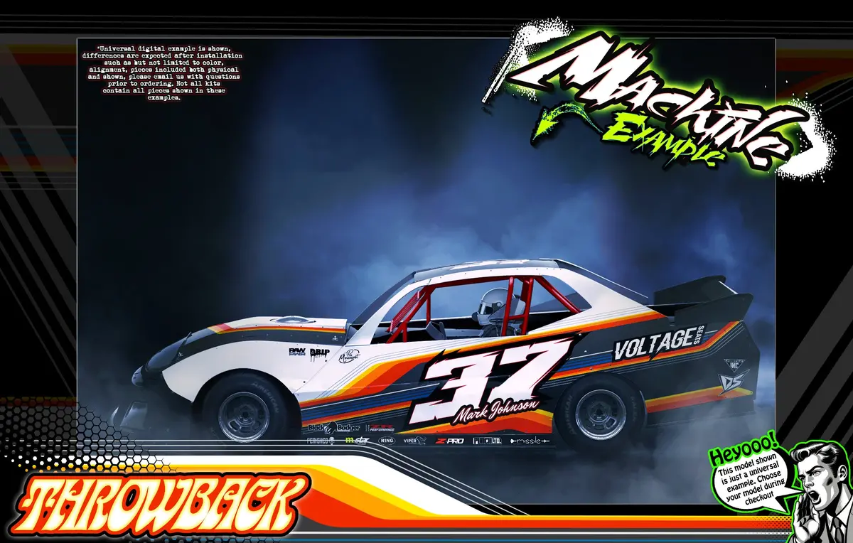 'Throwback' Themed Wrap Fits Shark Rc Slash Street Stock | Caddy | Code Red | Hat Trick | Hitman | Joker | Judge | Outlaw | Punisher | Ricochet | Riddler | Shaggin | Six Pack | Slingshot | Superstreet | Gambler | Tko | Villain | Camry 1