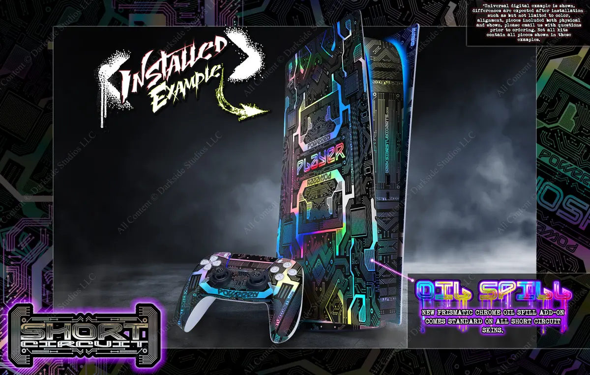 'Short Circuit' Chrome Graphics Wrap Skin For Sony Playstation Ps5 Digital & Disc 1