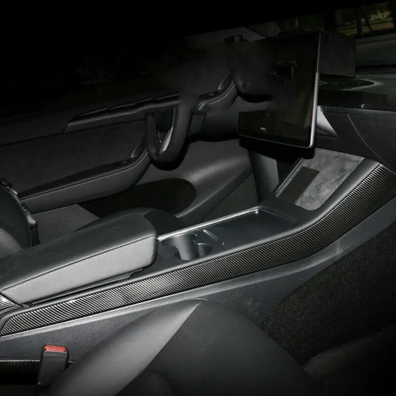 Real Molded Gloss Carbon Fiber Center Console Side Trims For Tesla Model 3 2021-2023 1