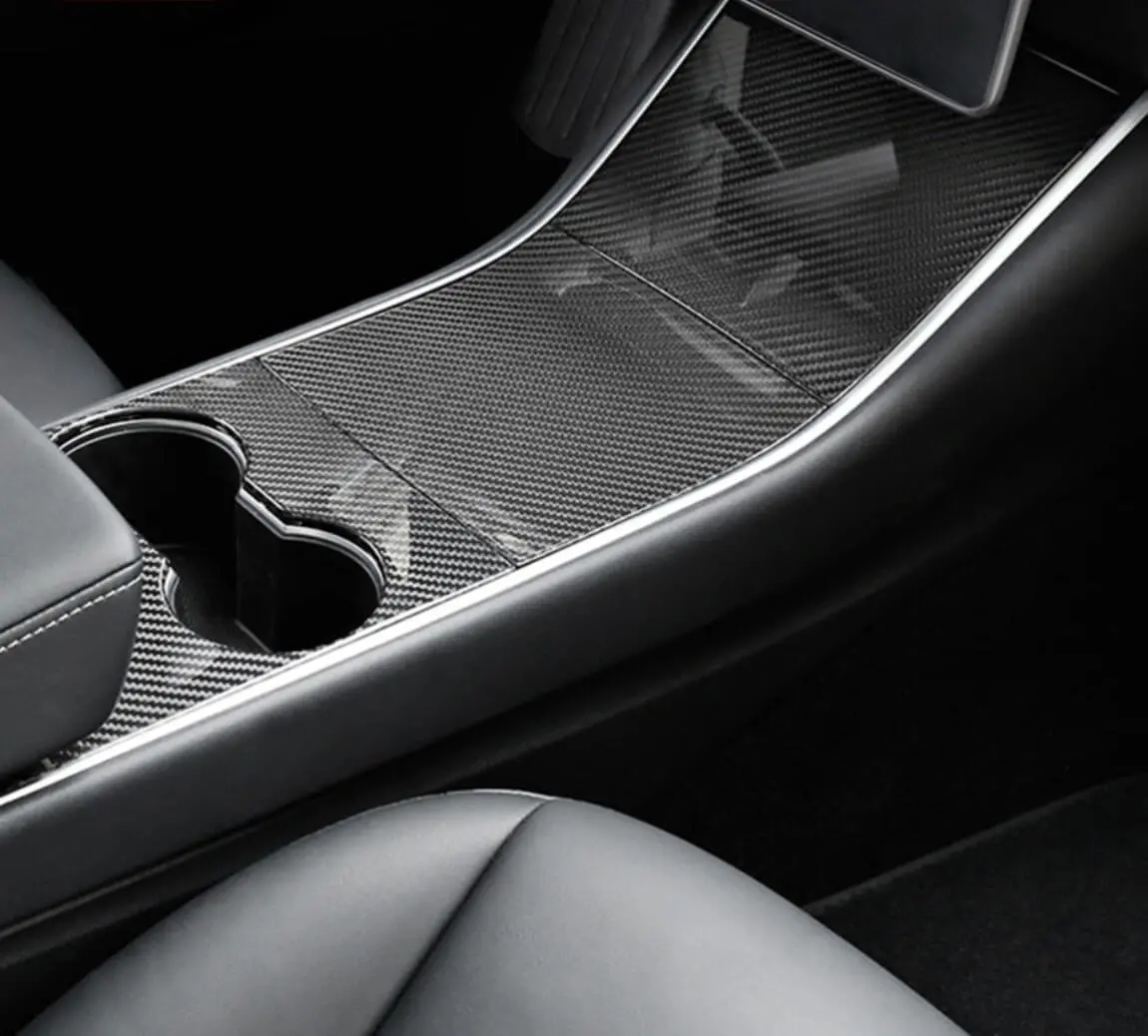 Real Molded Gloss Carbon Fiber Center Console Overlay Kit For Tesla Model Y 2020 1