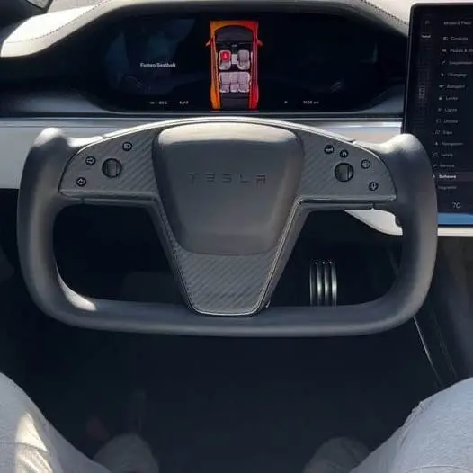 Real Molded Gloss Carbon Fiber Yoke Steering Wheel Overlay Bezel For Tesla Model S 2021-2026 1