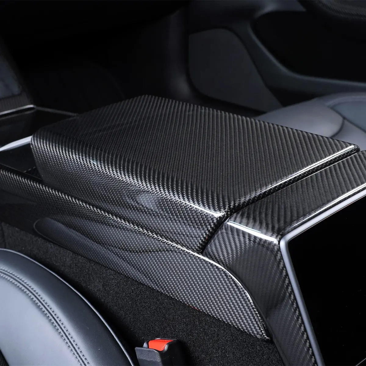Real Molded Gloss Carbon Fiber Armrest Overlay Cover For Tesla Model 3 2023-2026 Highland 1