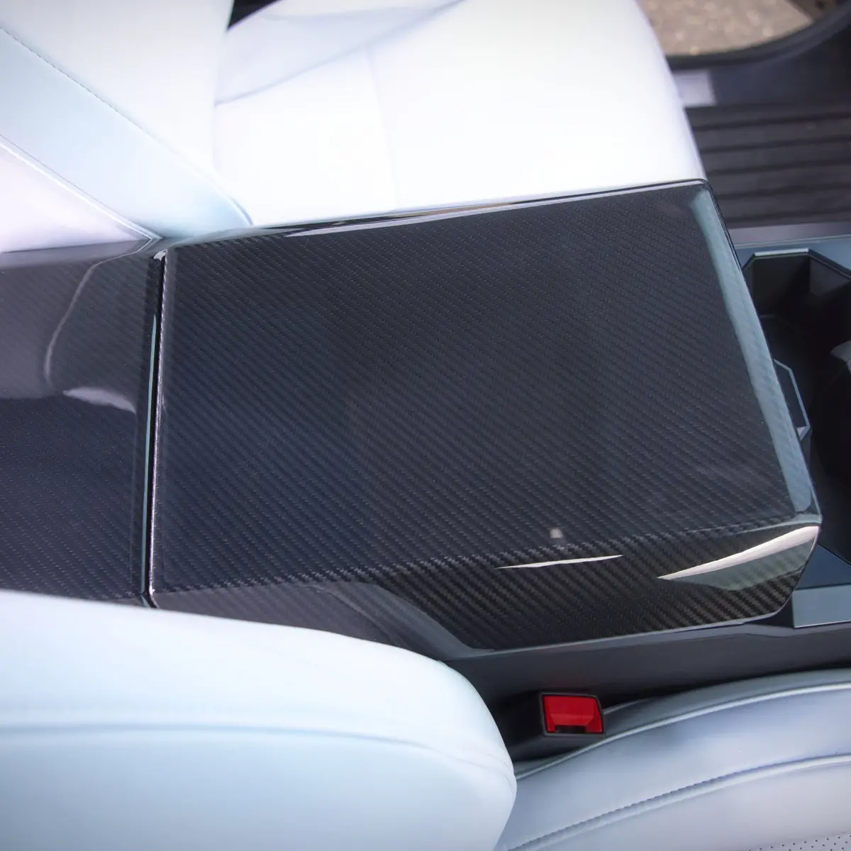 Real Molded Gloss Carbon Fiber Armrest & Rear Screen Overlay Cover For Tesla Cybertruck 2024 - 2026 2