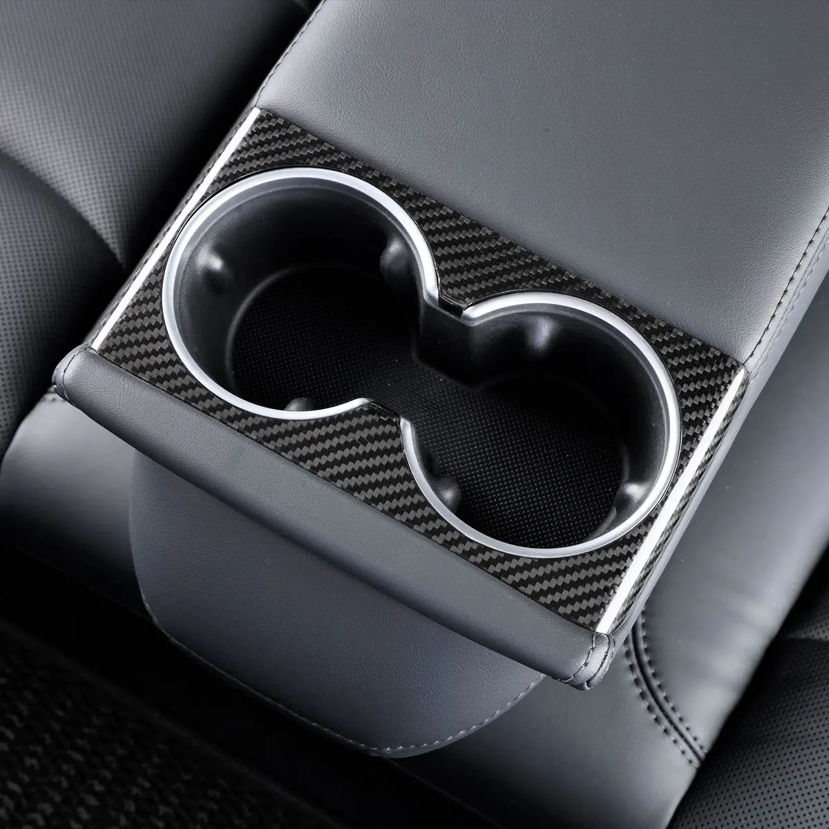 Real Molded Gloss Carbon Fiber Backseat Cup Holder Overlay For Tesla Model 3 2023-2026 Highland 1