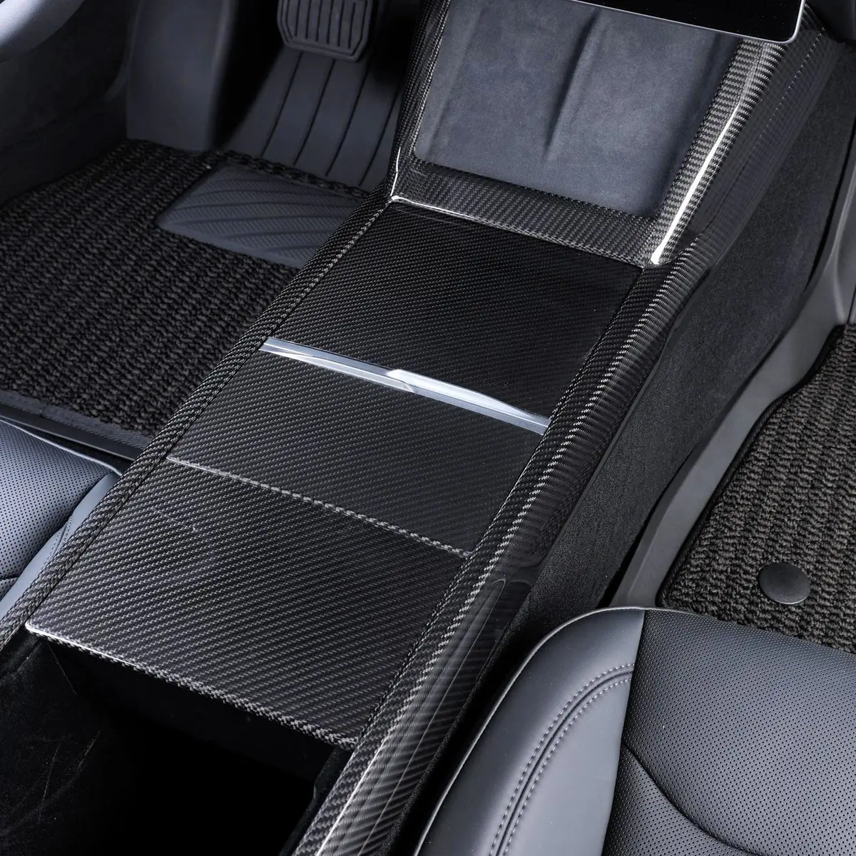 Real Molded Gloss Carbon Fiber Center Console Overlay Kit 4Pcs For Tesla Model Y Juniper 1