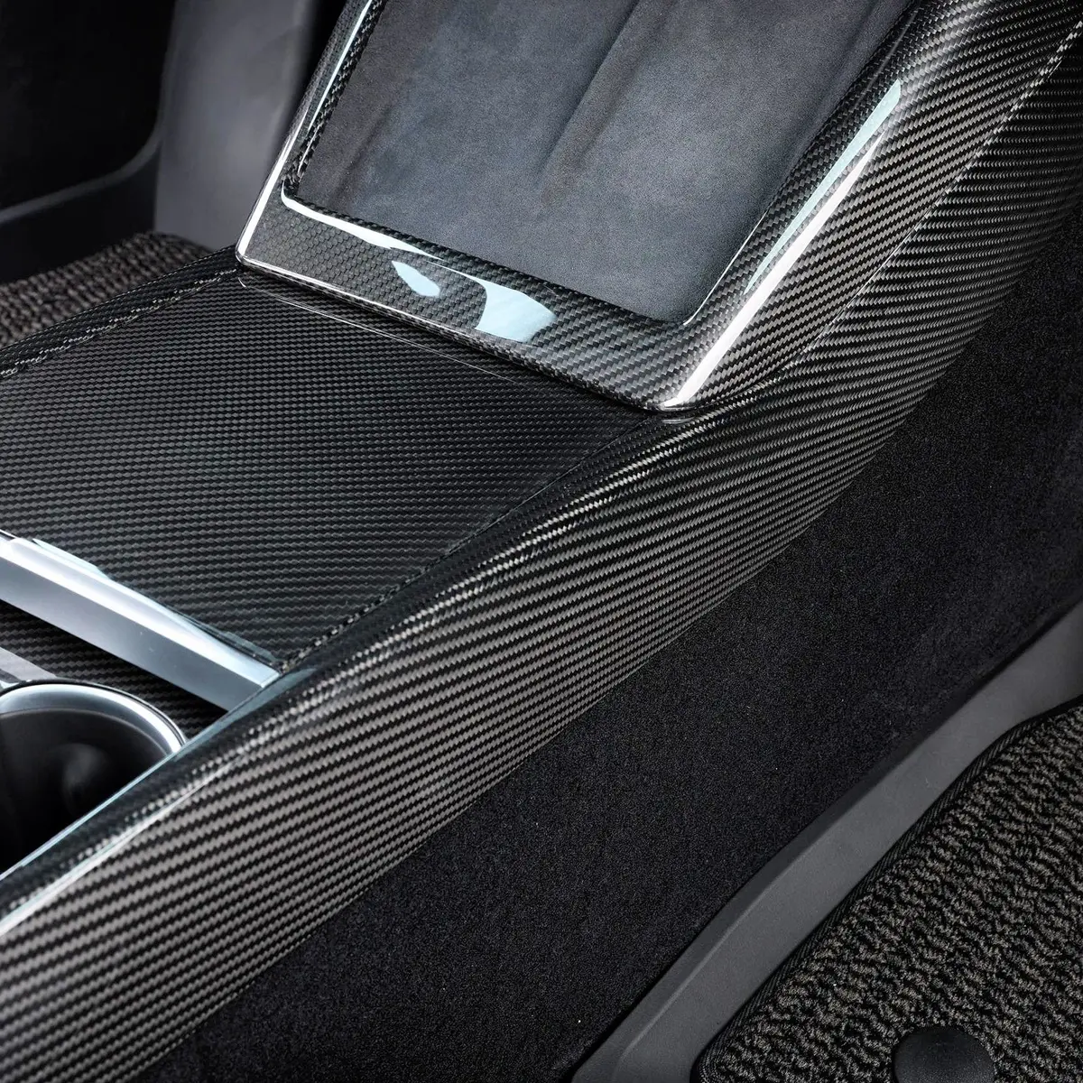 Real Molded Gloss Carbon Fiber Center Console Side Panel Overlays For Tesla Model Y Juniper 1