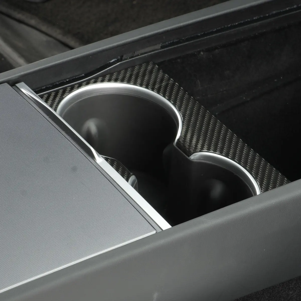 Real Molded Gloss Carbon Fiber Front Cup Holder Overlay Cover For Tesla Model 3 2023-2026 Highland 1