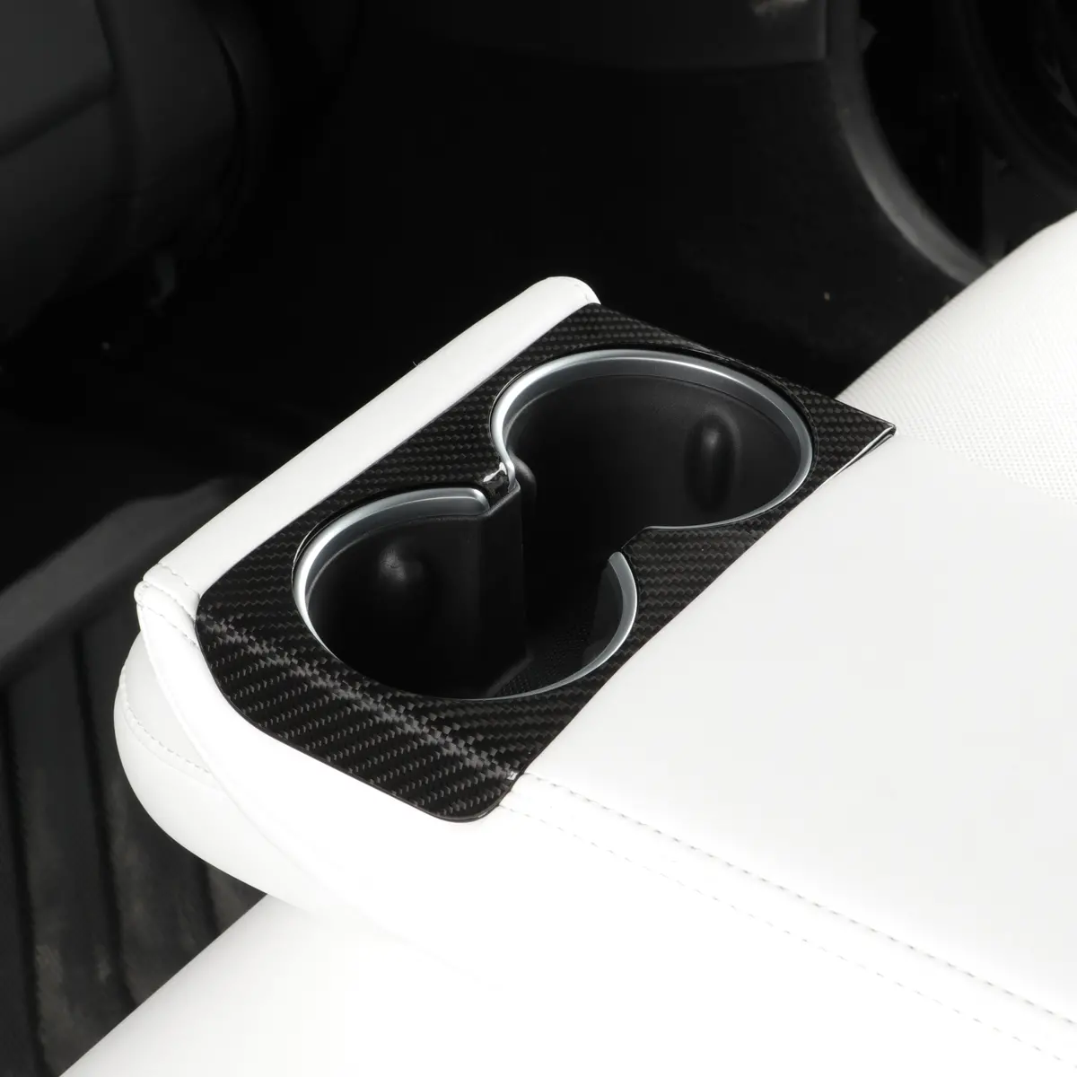 Real Molded Gloss Carbon Fiber Rear Cup Holder Cover For Tesla Model 3 2023-2026 Highland 1