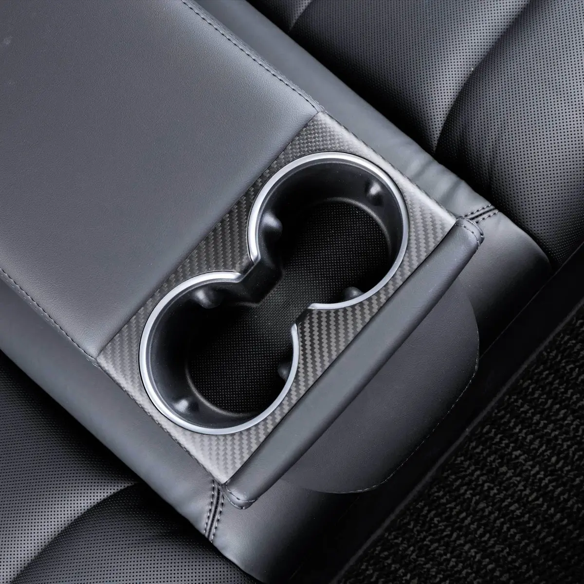 Real Molded Matte Carbon Fiber Backseat Cup Holder Overlay For Tesla Model 3 2023-2026 Highland 1