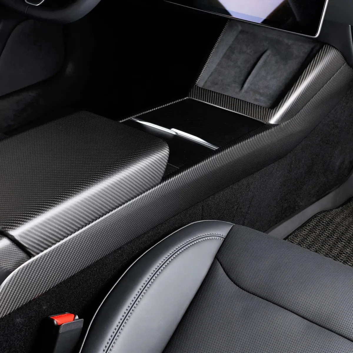 Real Molded Matte Carbon Fiber Center Console Full Coverage Overlay For Tesla Model Y Juniper 1
