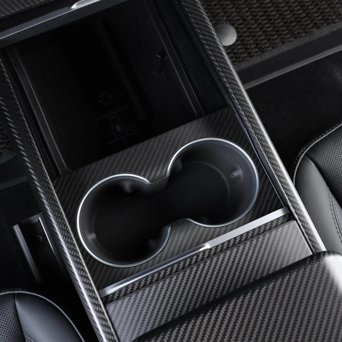 Real Molded Matte Carbon Fiber Front Cup Holder Overlay Cover For Tesla Model 3 2023-2026 Highland 1