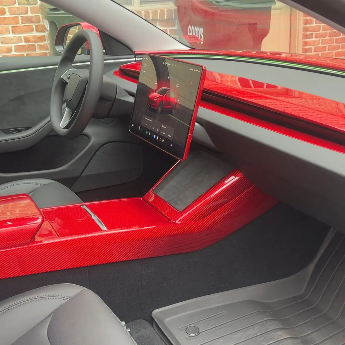 Real Molded Red Carbon Fiber Center Console Full Coverage Overlay Cover For Tesla Model 3 2023-2026 Highland 1