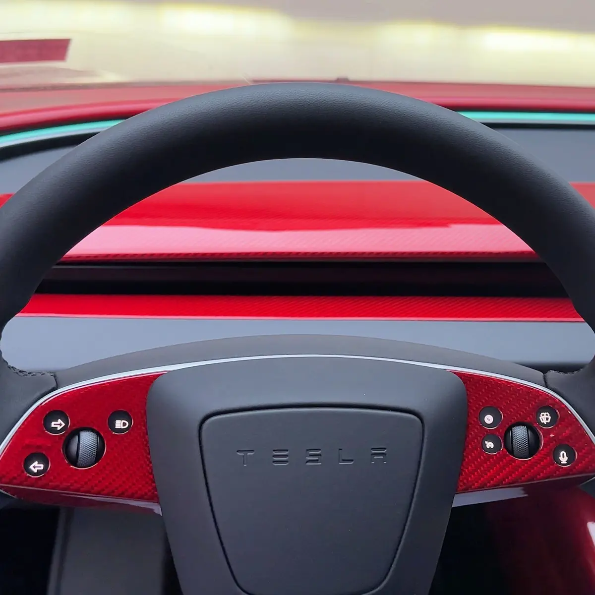 Real Molded Red Carbon Fiber Steering Wheel Overlays 3Pcs For Tesla Model 3 2023-2026 Highland 1