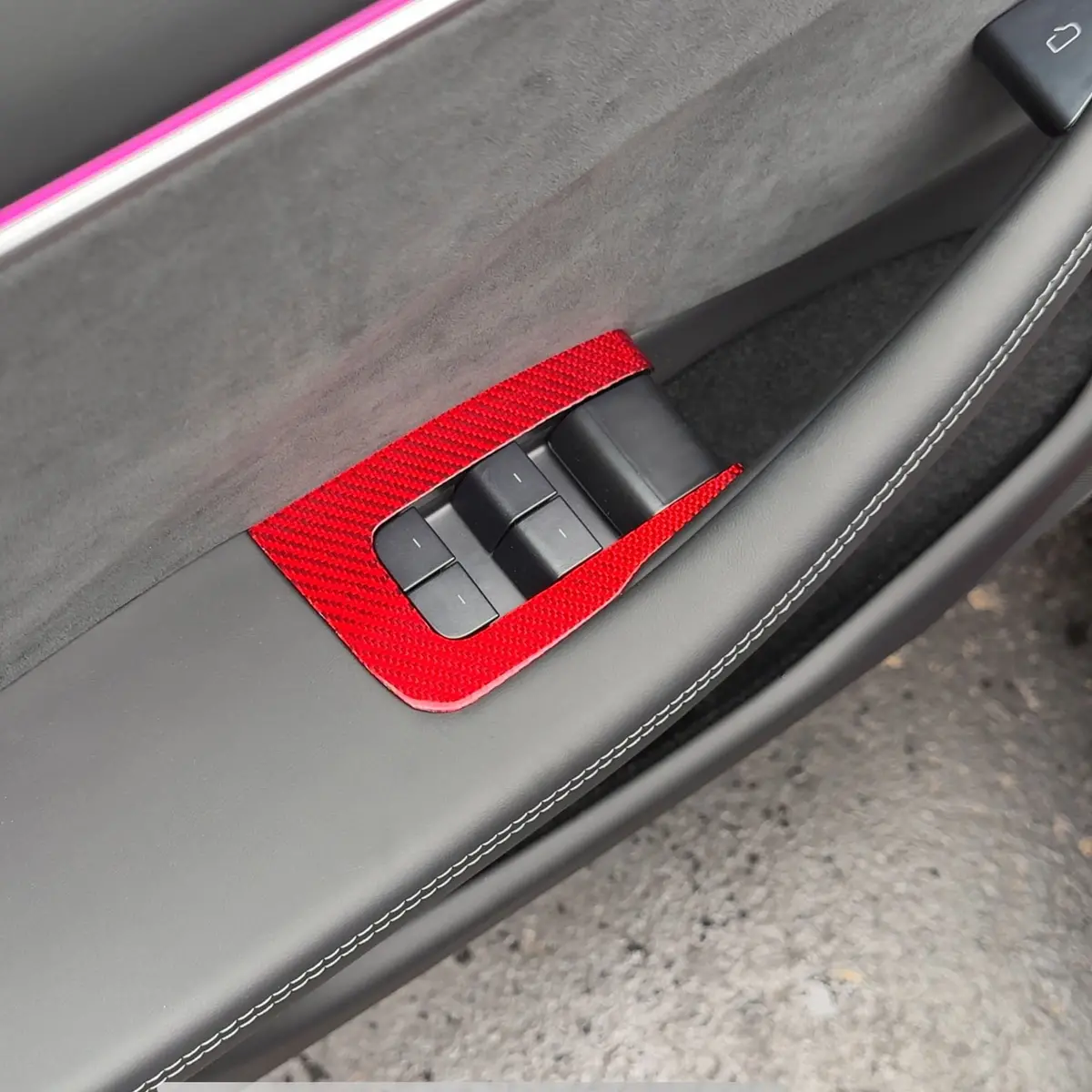 Real Molded Red Carbon Fiber Window Switch Overlays For Tesla Model 3 (Left Hand Drive) 2023-2026 Highland 1