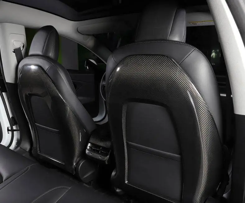 Real Molded Gloss Carbon Fiber Seat Open Back Overlay Covers For Tesla Model 3 2017-2023 1