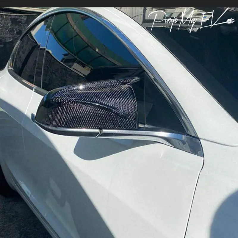 Real Molded Gloss Carbon Fiber M Performance Style Winged Side Mirror Replacement Set For Tesla Model 3 2017-2023 1
