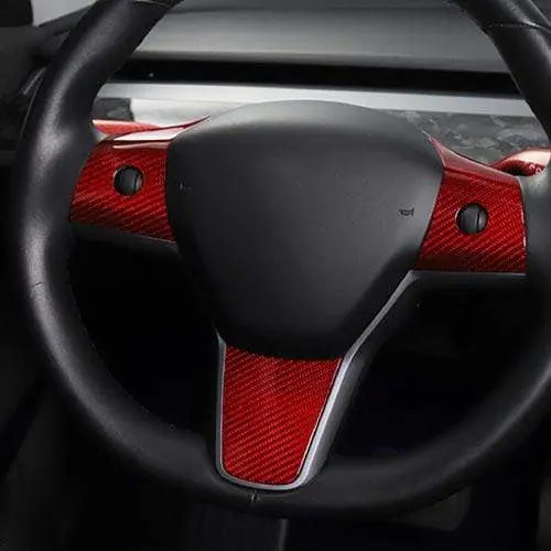 3Pcs Real Molded Red Carbon Fiber Steering Wheel Overlay Trims For Tesla Model 3 2017-2023 1