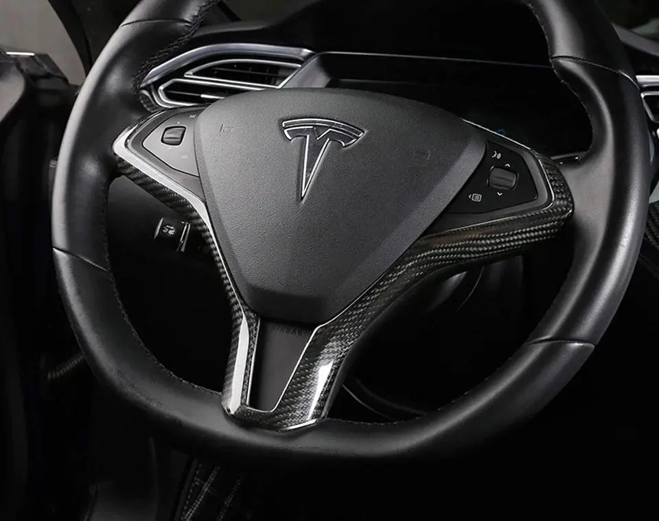 Real Molded Gloss Carbon Fiber Steering Wheel Overlay Trim For Tesla Model S 2014-2020 1