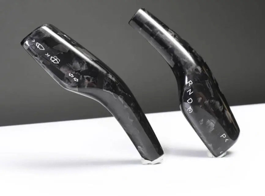Real Molded Gloss Forged Carbon Fiber Turn Signal And Driving Stalk Overlay Covers For Tesla Model Y 2017-2026 2